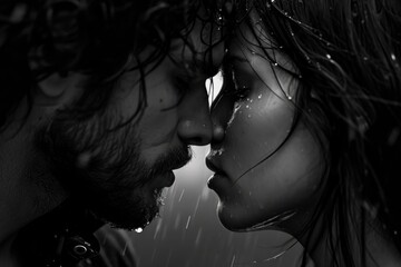 A passionate moment captured as a man and a woman share a romantic kiss in the rain. Perfect for illustrating love and affection in any project