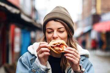 woman eating a gyros sandwich at a street food market