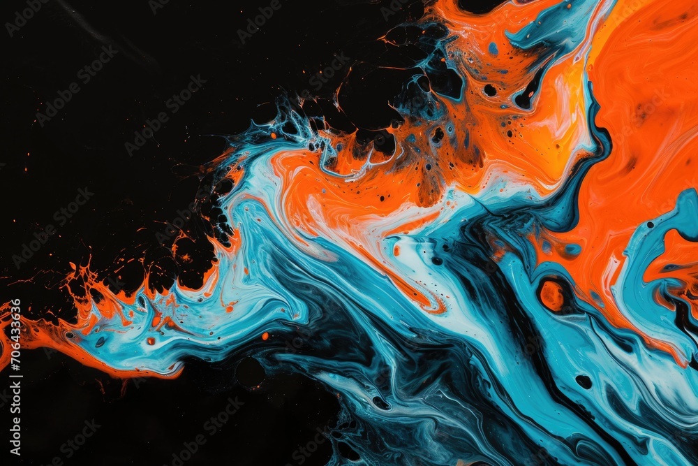 Poster A detailed close up of an abstract painting with vibrant orange and blue fluid patterns. Perfect for adding a pop of color and contemporary style to any space