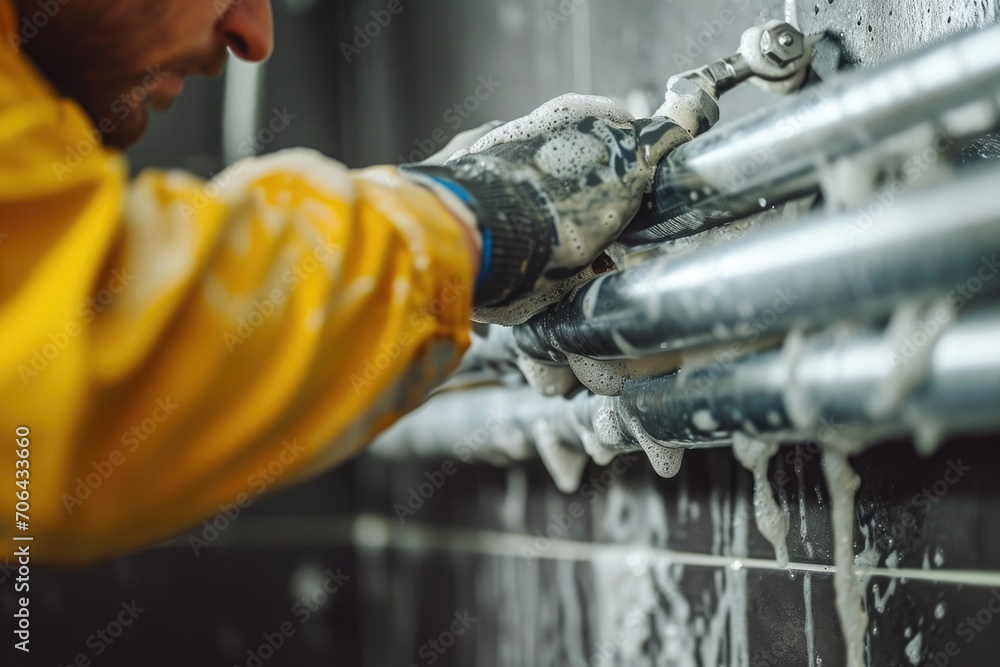 Aufkleber A man wearing a yellow jacket is using a machine. This versatile image can be used to depict various concepts and industries