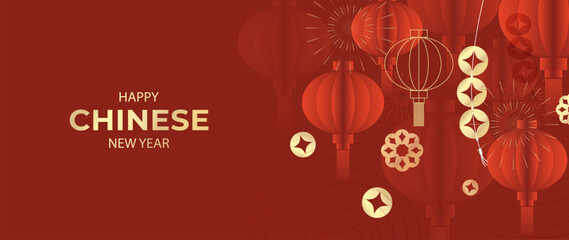 Happy Chinese new year background vector. Year of the dragon design wallpaper with chinese lantern, coin, firework. Modern luxury oriental illustration for cover, banner, website, decor.