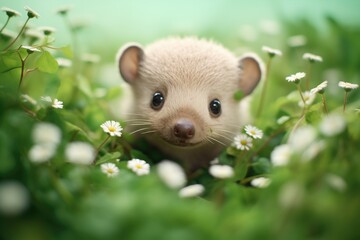 Fototapeta premium fluffy hedgehog in a patch of clover