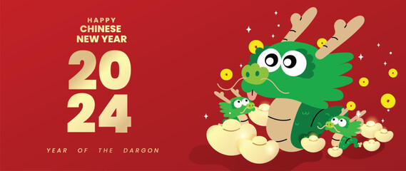 Happy Chinese new year background vector. Year of the dragon design wallpaper with dragon, chinese ingots gold, coin. Modern luxury oriental illustration for cover, banner, website, decor.