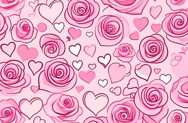 Background of pale pink hearts of different sizes and roses in watercolor style, Valentine's day
