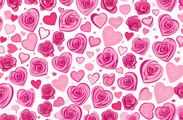Background of pale pink hearts of different sizes and roses in watercolor style, Valentine's day