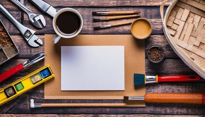 Father's Day, tools wooden background; blank card, copy space for the designer, top view with a cup of coffee