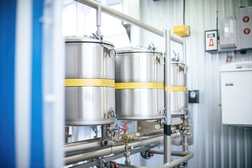 stainless steel kegs in an industrial-scale brewery refrigeration unit