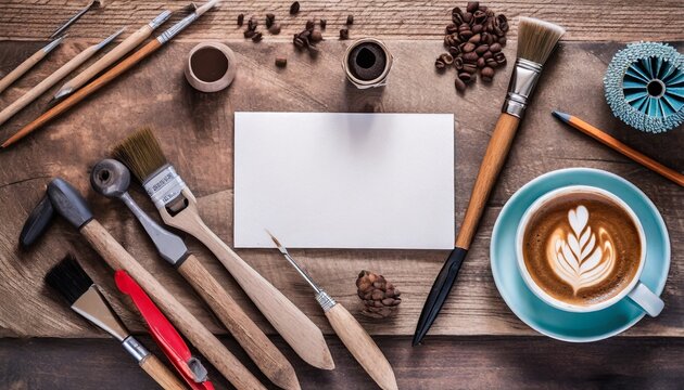 Father's Day, tools wooden background; blank card, copy space for the designer, top view with a cup of coffee
