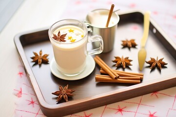 Obraz na płótnie Canvas kefir drink with cinnamon sticks and anise stars on a tray