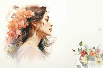Watercolor drawing of a Сaucasian woman's profile and colorful, delicate flowers. Tender watercolor portrait of a woman. The concept of femininity, beauty, the awakening of nature in springtime