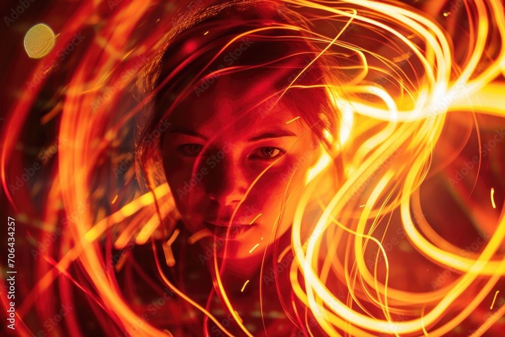 Poster a woman with a red light shining in her hair. this unique image can be used to create a futuristic o