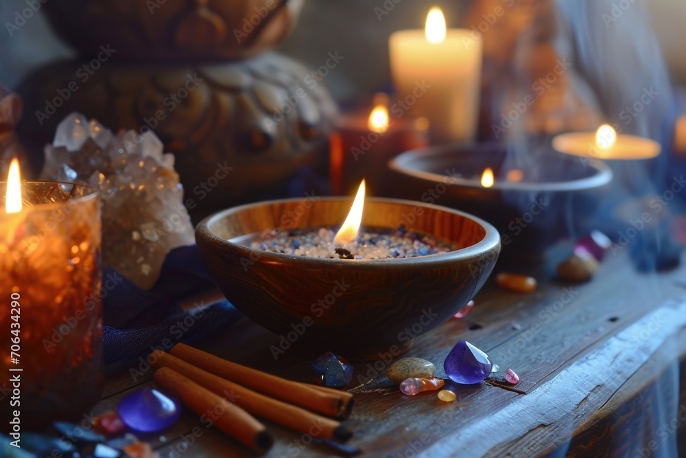 Poster A table topped with a bowl filled with candles. Perfect for creating a cozy and intimate atmosphere. Ideal for home decor or special occasions