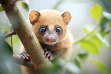 kinkajou peering down from a treetop with curious eyes