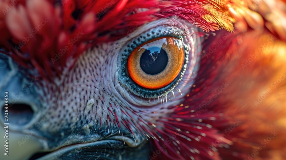 Poster a close-up view of a bird's eye with vibrant red feathers. perfect for nature enthusiasts and bird l