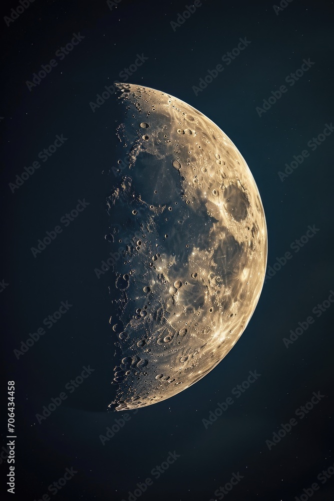 Poster A close-up photograph of the moon with a dark sky in the background. This image can be used for various purposes