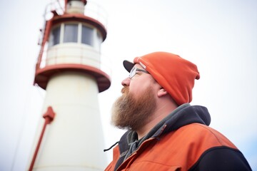 individual checking lighthouse foghorn functionality - obrazy, fototapety, plakaty