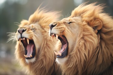 two lions roaring in unison