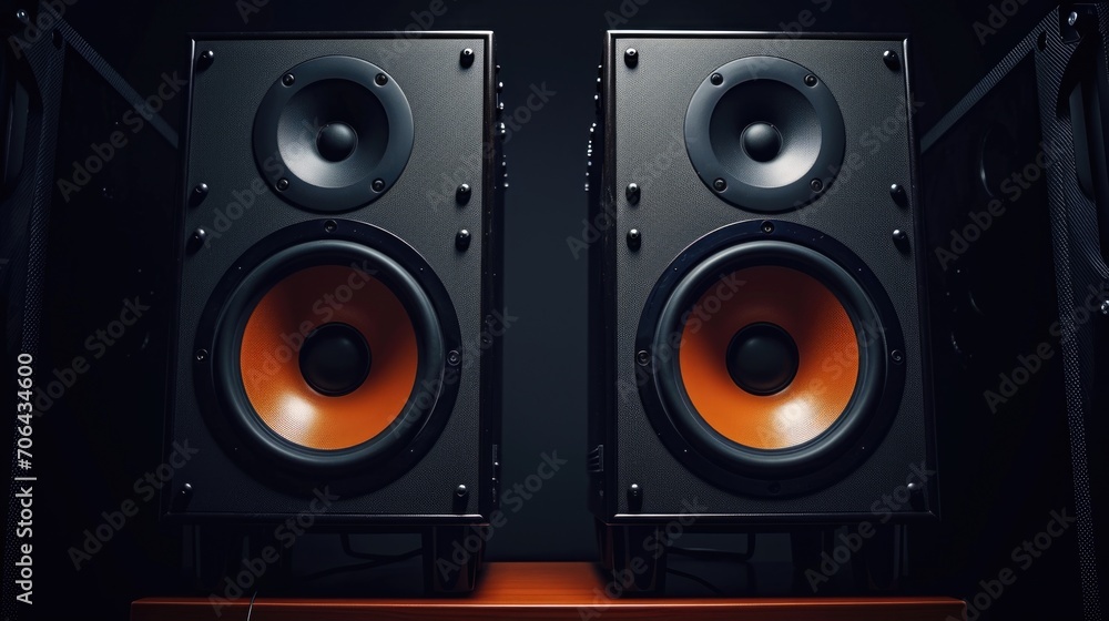 Poster speakers placed on a wooden table. versatile image suitable for various uses