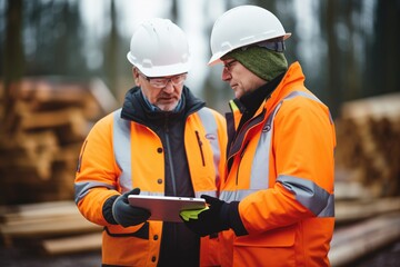 loggers in safety gear discussing plans with a tablet