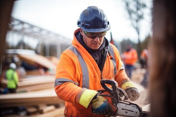 logger sharpening chainsaw blade at the job site - obrazy, fototapety, plakaty