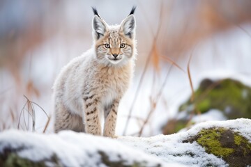 lynx standing alert by frosted shrubs