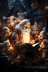 Fototapeta na wymiar Santa Claus reading a book in front of his family. 3d rendering