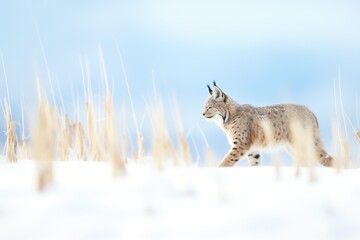 distant lynx crossing snowy meadow