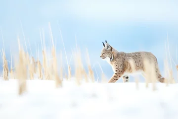 Fotobehang distant lynx crossing snowy meadow © Natalia