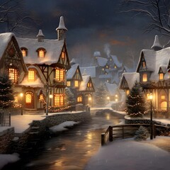 Winter village at night. Christmas and New Year holidays concept. Digital painting.