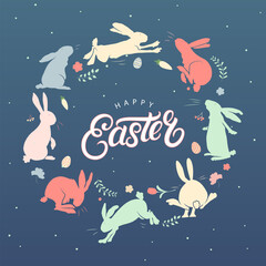 Happy Easter frame. Trendy Easter design with bunny in pastel colors and text. Poster, greeting card, banner.