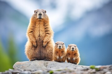 marmot family with one standing guard and whistling