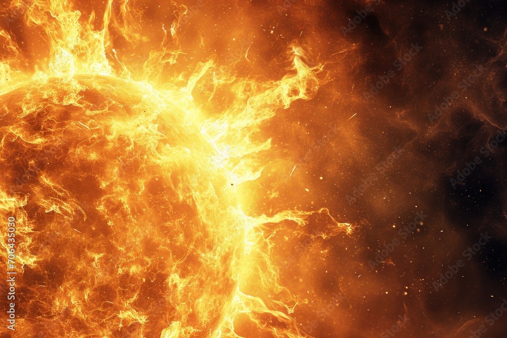 Poster a vibrant orange sun shining against a black backdrop. perfect for adding a pop of color to any desi