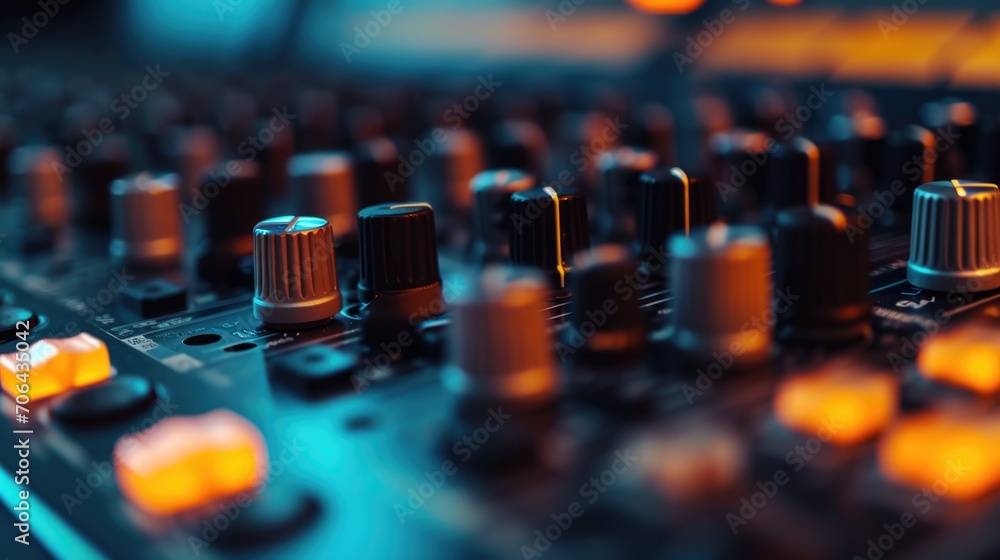 Poster A detailed view of the knobs on a sound board. This image can be used to represent audio engineering, music production, or sound mixing.