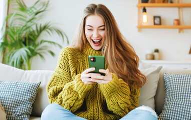 Happy young woman holding smartphone device sitting on sofa at home. Young lucky woman feeling winner looking at cellphone. Communication concept. 