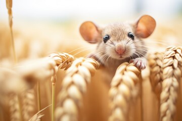 close-up, mouse with wheat grain in paws