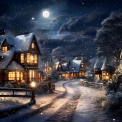 Winter village at night with snow and full moon. Digital painting.
