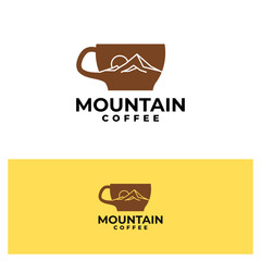 illustration of a coffee cup with a mountain inside. coffee mountain logo vector template.