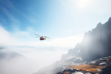 Fototapeta na wymiar wide shot of helicopter approaching misty mountain summit
