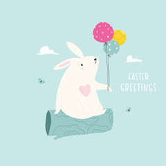 Vector holiday illustration in a flat style with cute rabbit and air balloons