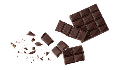 Broken organic dark chocolate bar infused crushed seeds with crumbs flying falling isolated on white background. Vegan bitter chocolate pieces
