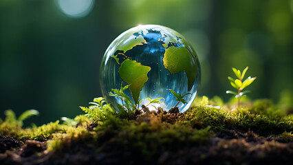 Obraz na płótnie Canvas Environment. Earth crystal glass globe and green leaves in forest.