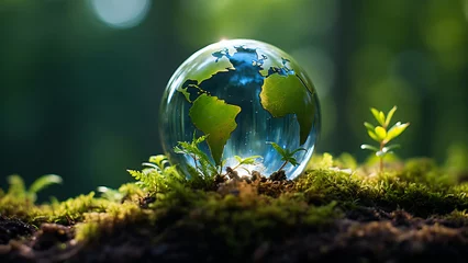 Foto op Plexiglas Environment. Earth crystal glass globe and green leaves in forest. © Art.disini