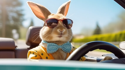 Cute rabbit happy driving a car.