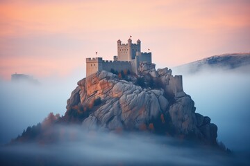fog enshrouding an imposing stone castle at dusk - obrazy, fototapety, plakaty