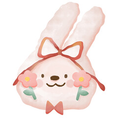 watercolor of a pink rabbit bunny with red ribbon and flowers, png clipart for card decoration.
