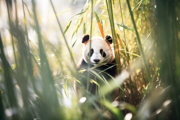 sunlit panda amidst bamboo thicket