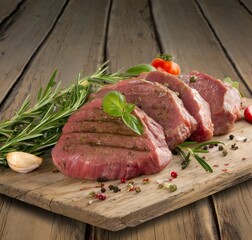 Beef steaks isolated on wooden table background
