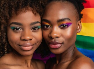 Lesbian couple of two black girls with the LGBT flag, closeup portrait