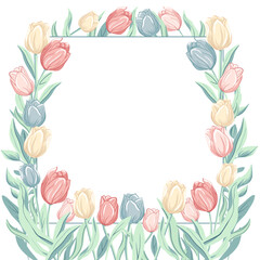 Spring frame. Trendy floral design with tulips in pastel colors. For poster, greeting card, banner.