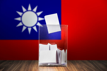 Taiwan flag, Republic of China ROC Ballot box with ballots. Elections, voting, referendum,...